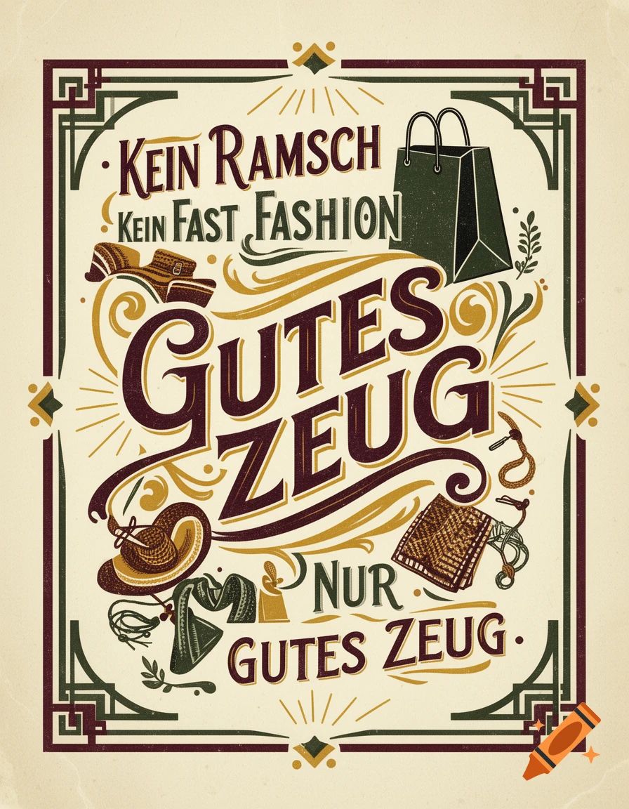 Vintage 1930s style hand-lettering poster featuring German text 'Kein Ramsch', 'Kein Fast Fashion', and 'Gutes Zeug' with decorative elements.