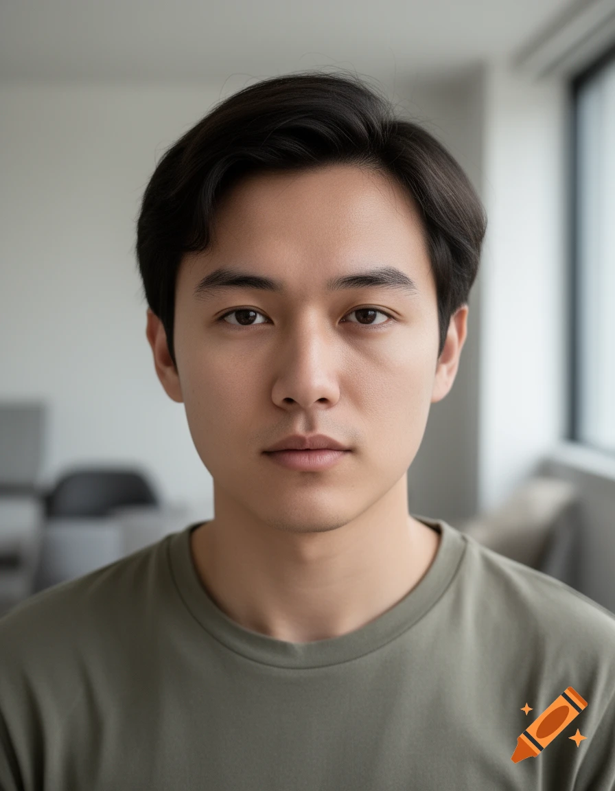 Close-up photorealistic portrait of a young Asian man with dark hair in a green t-shirt against a blurred neutral background.