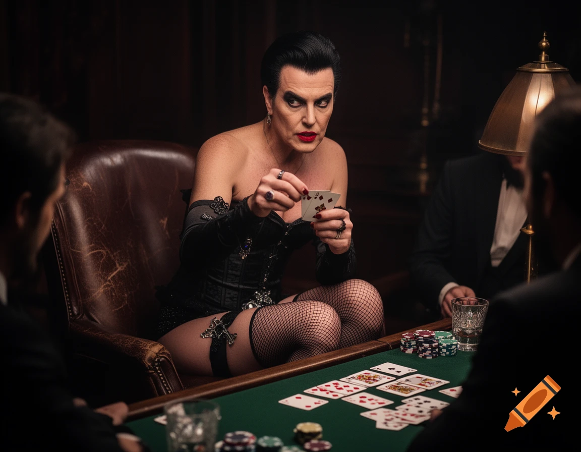Tim Curry as Frank-N-Furter playing a card game at a green felt table in a dark, wood-paneled room, photorealistic.
