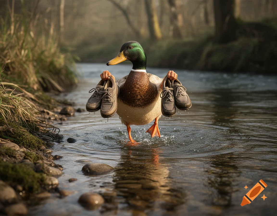 Photorealistic mallard duck walking through a shallow river, holding four shoes in its human-like hands to keep them dry.