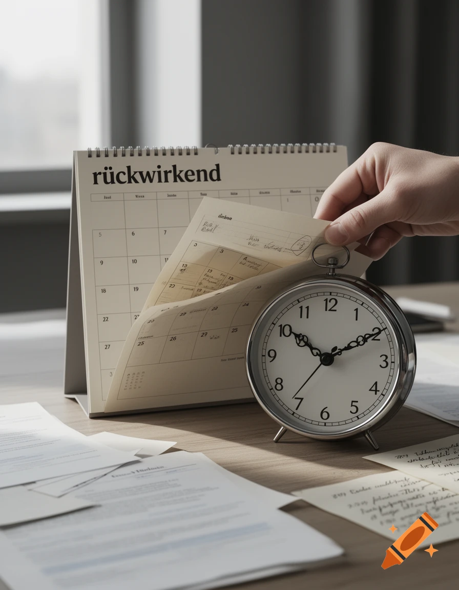 A desk with a calendar showing the word 'rückwirkend', an alarm clock, and scattered documents, photorealistic.