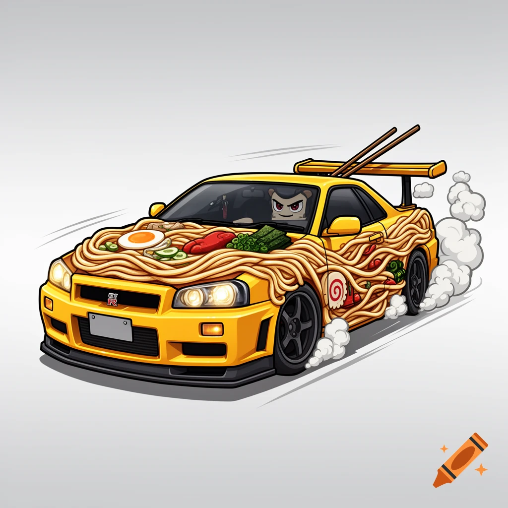 Cartoon illustration of a yellow Nissan R34 GTR car combined with ramen noodles, featuring chopsticks as a spoiler and a smiling character inside.