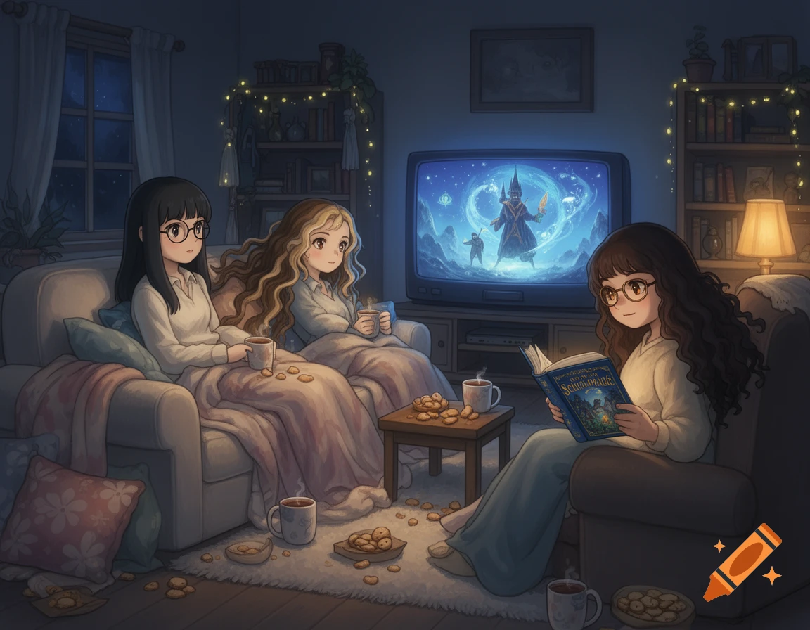 Ghibli-style illustration of three friends watching a fantasy movie on TV in a cozy living room while one reads a book.