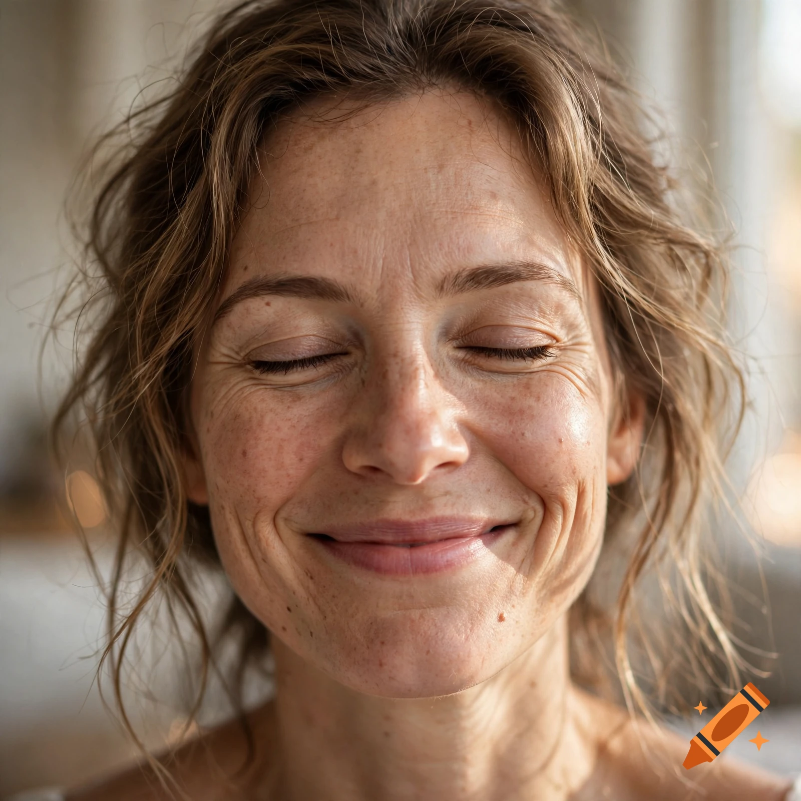 Close-up photorealistic portrait of a smiling woman with freckles and closed eyes.