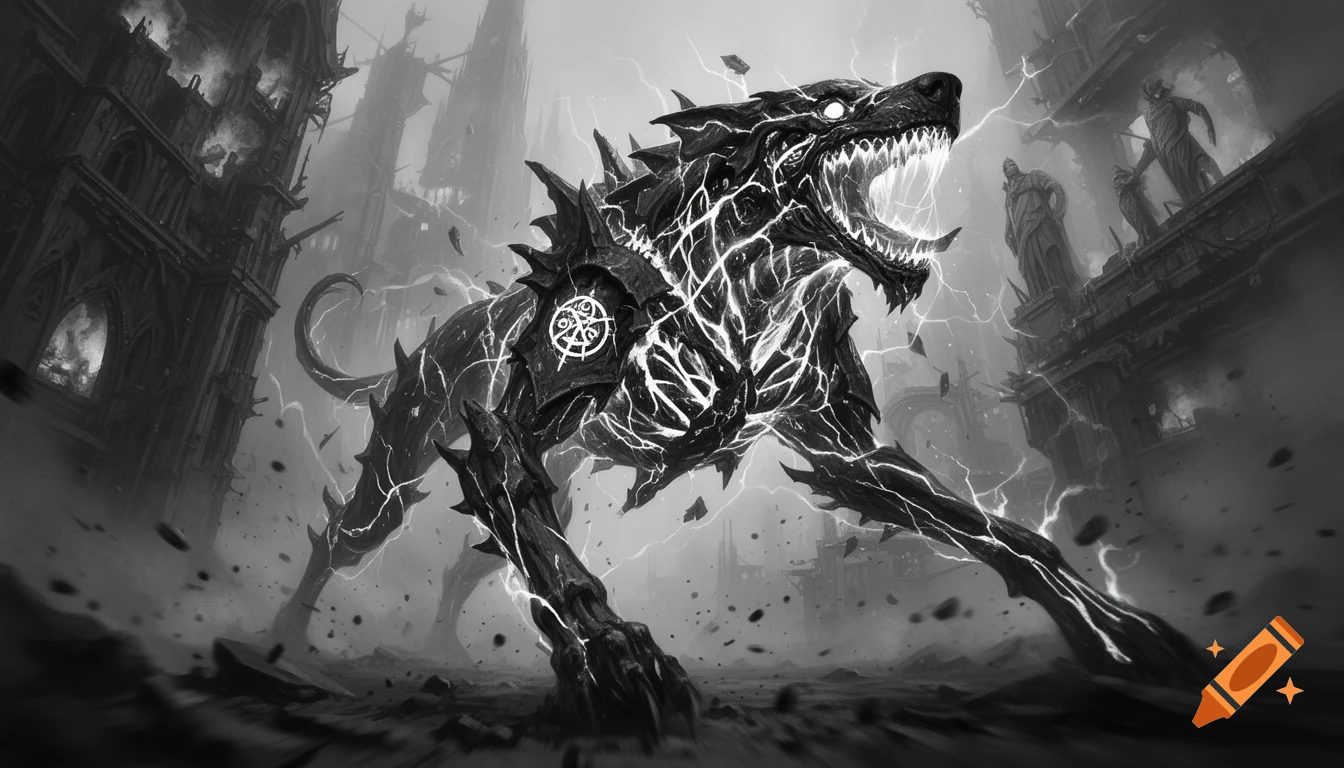 Monochrome dark fantasy illustration of a demonic, skeletal hound with glowing energy fractures stalking through a ruined city.