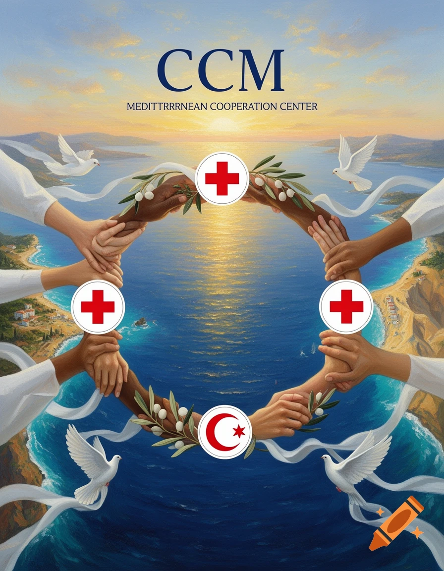 Digital painting of diverse hands forming a circle with red cross and crescent symbols, surrounded by white doves and a sea backdrop.
