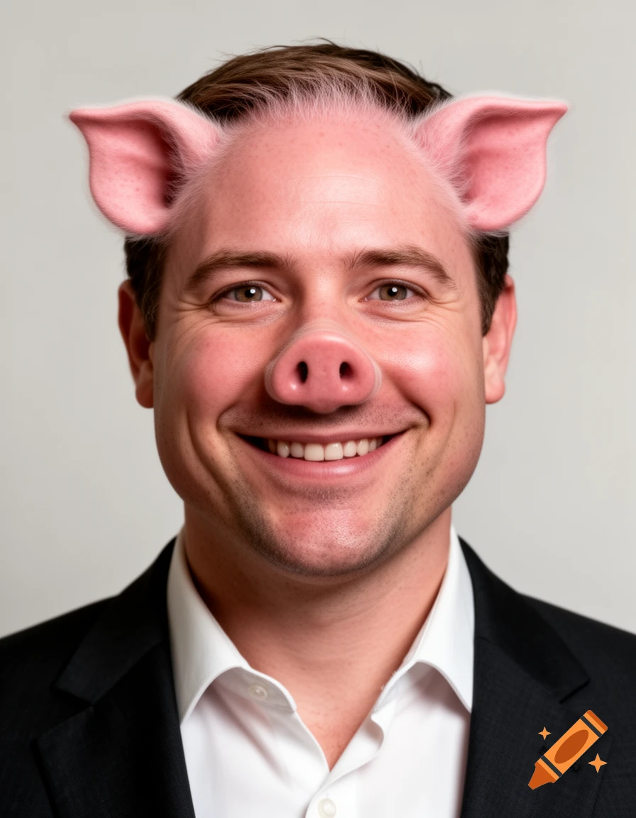 Realistic photo portrait of a smiling man with pig ears and a pig nose, wearing a suit jacket and white shirt.