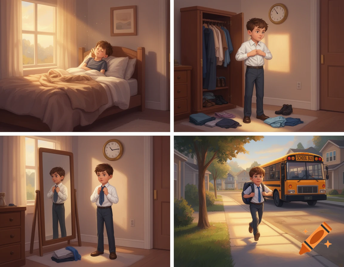 A four-panel digital illustration showing a young boy waking up, getting dressed in his bedroom, checking his tie in a mirror, and running to catch a school bus.