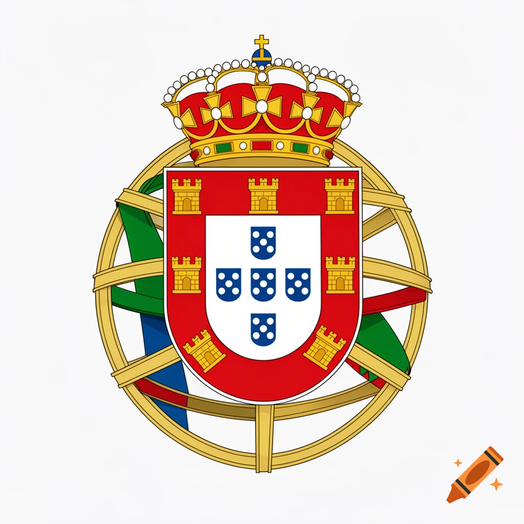 Portuguese coat of arms featuring a red shield with seven castles and five quinas, topped with a crown over an armillary sphere.