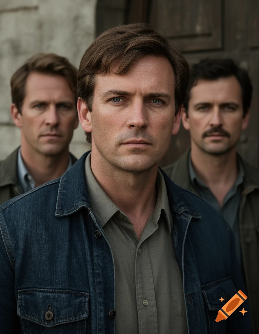 Photorealistic close-up portrait of three men with serious expressions, wearing jackets in front of a stone wall.