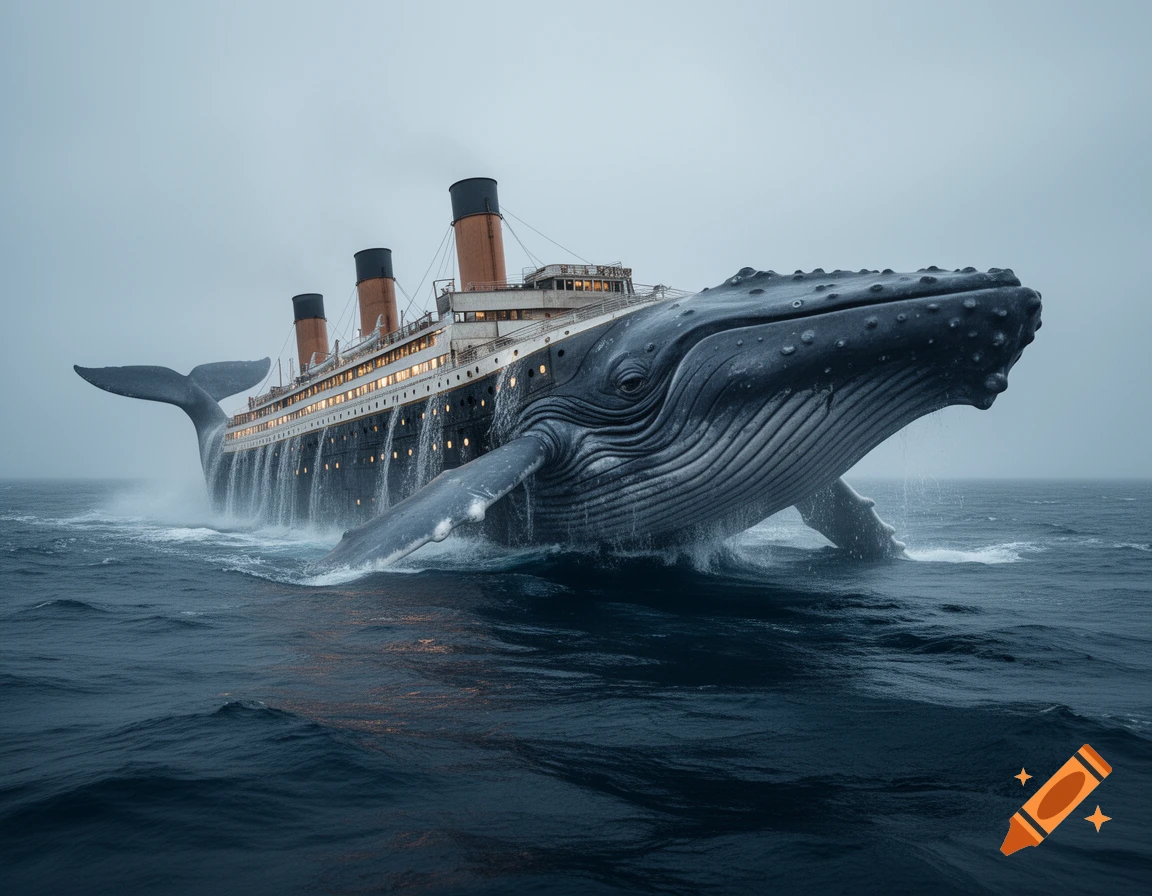 Photorealistic surreal image of a humpback whale combined with the Titanic ocean liner swimming in the ocean.