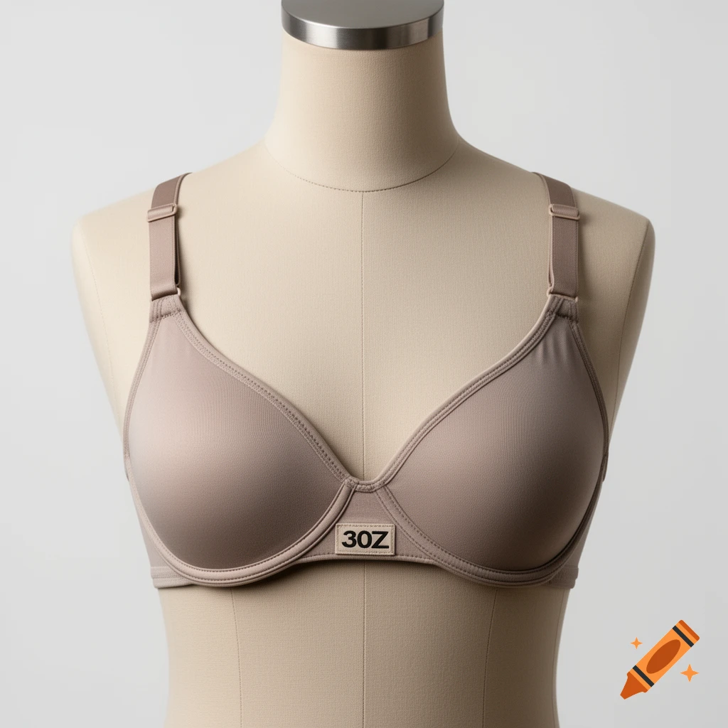 A beige bra on a mannequin torso with the label 30Z on a grey background, photorealistic product shot.