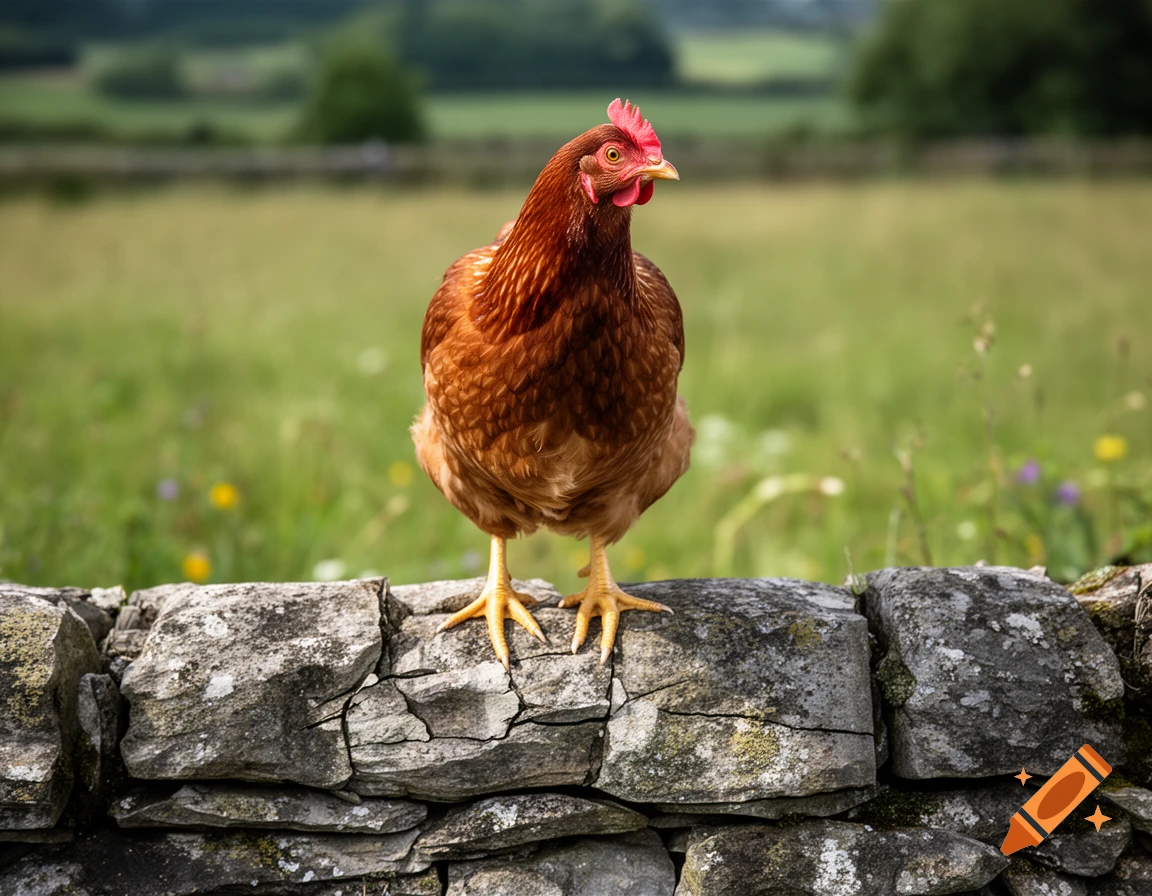 Photorealistic image of a brown hen standing on a rustic stone wall in a grassy field.