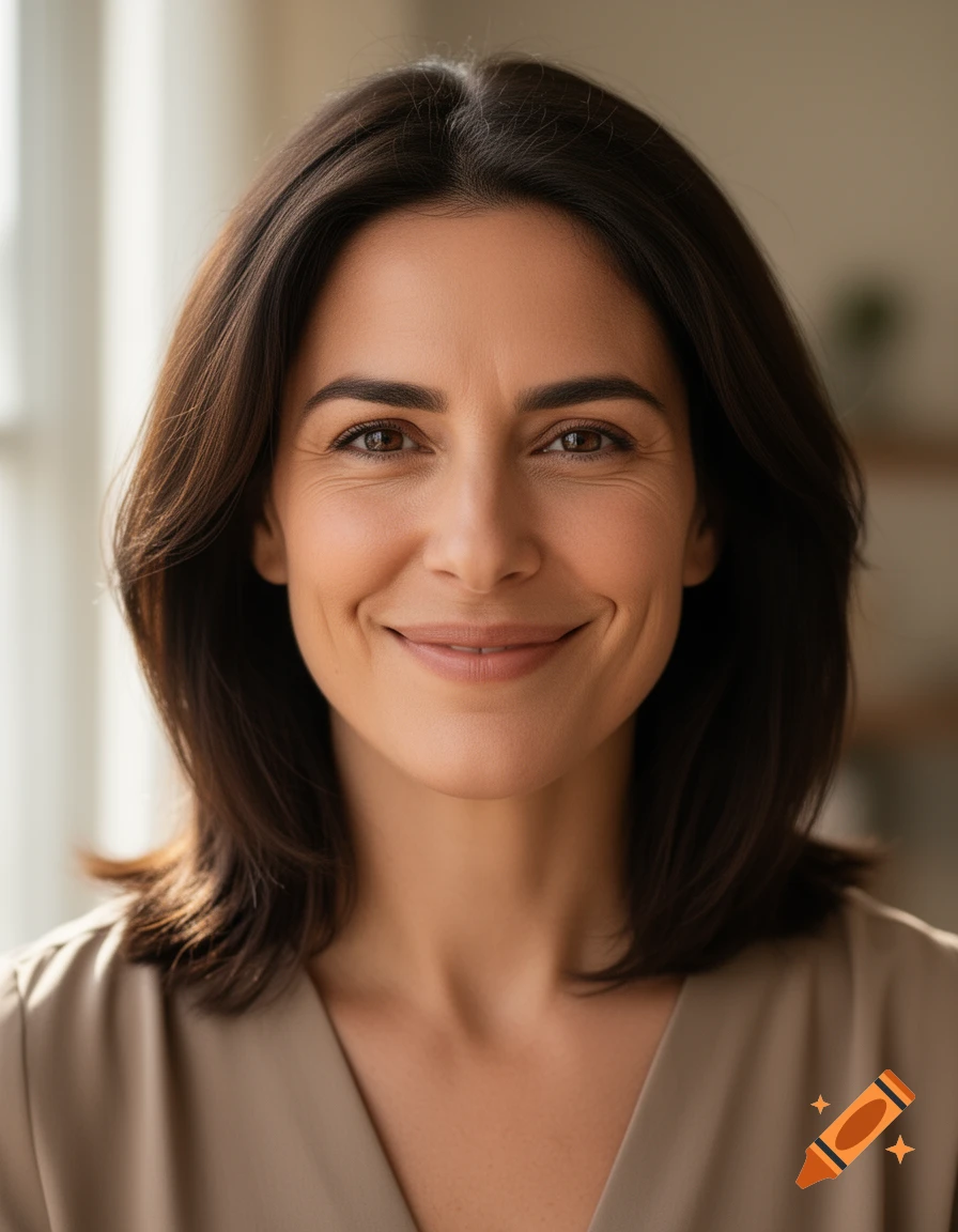 Close-up portrait of a smiling 35-year-old brunette woman with brown eyes against a neutral background.