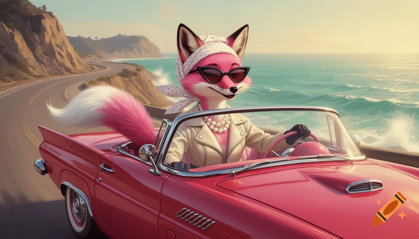 A stylish pink fox wearing sunglasses and a headscarf drives a red convertible along a coastal highway.