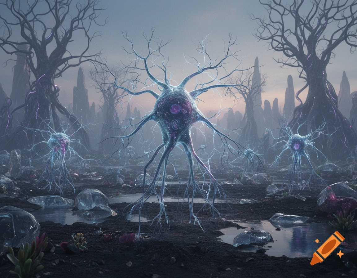 An otherworldly landscape with neuron-like creatures standing in dark puddles among skeletal trees.