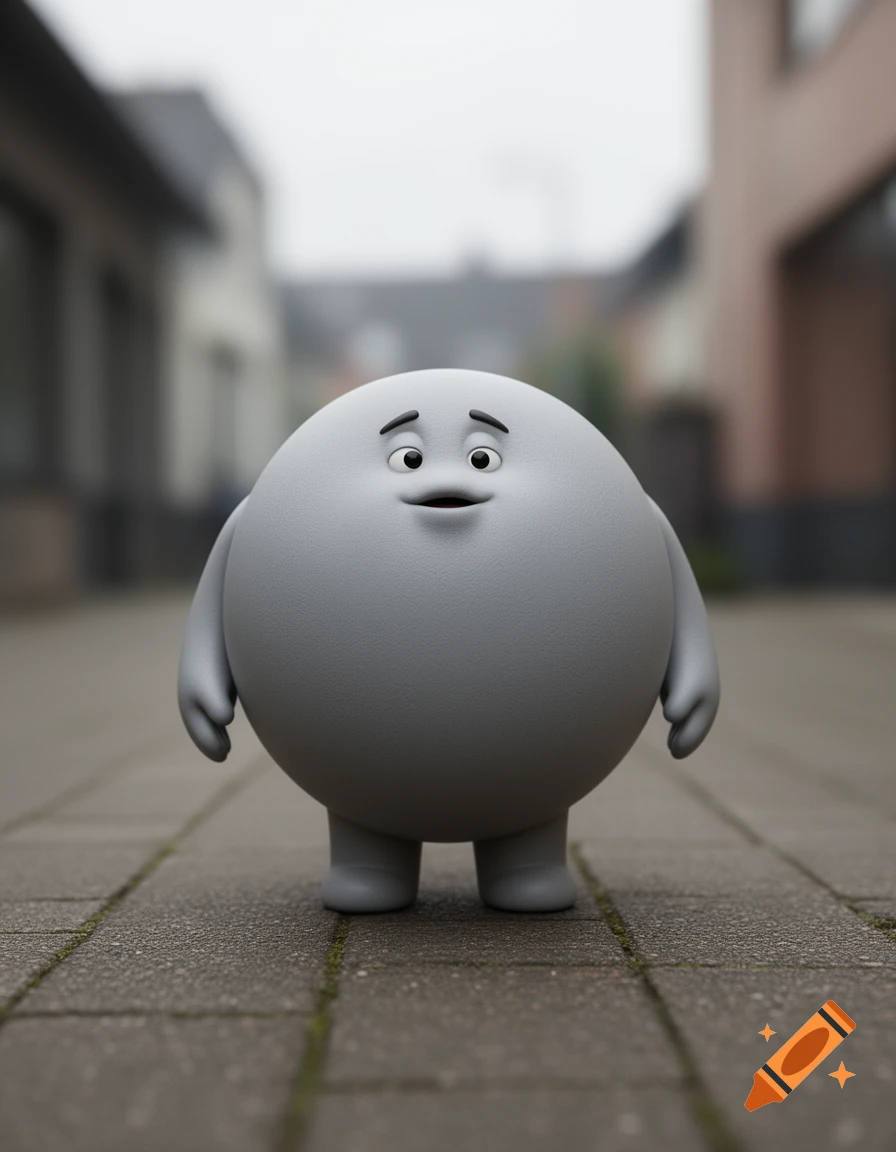 A cute, spherical grey creature with tiny arms and legs standing on a paved street in a neighborhood, 3D render style.