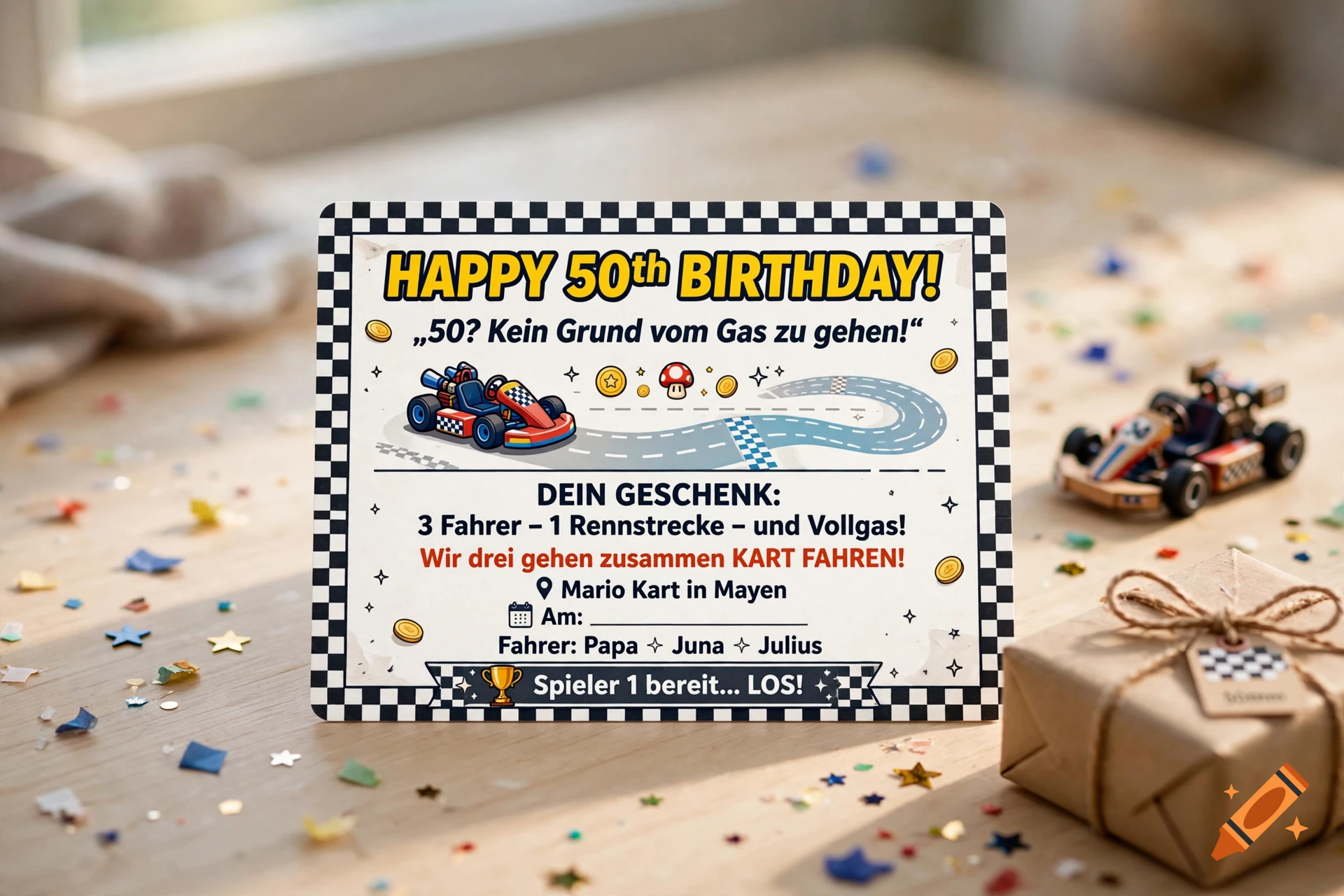 A checkered birthday card celebrating a 50th birthday with racing theme, displayed on a wooden table with confetti and a wrapped gift.