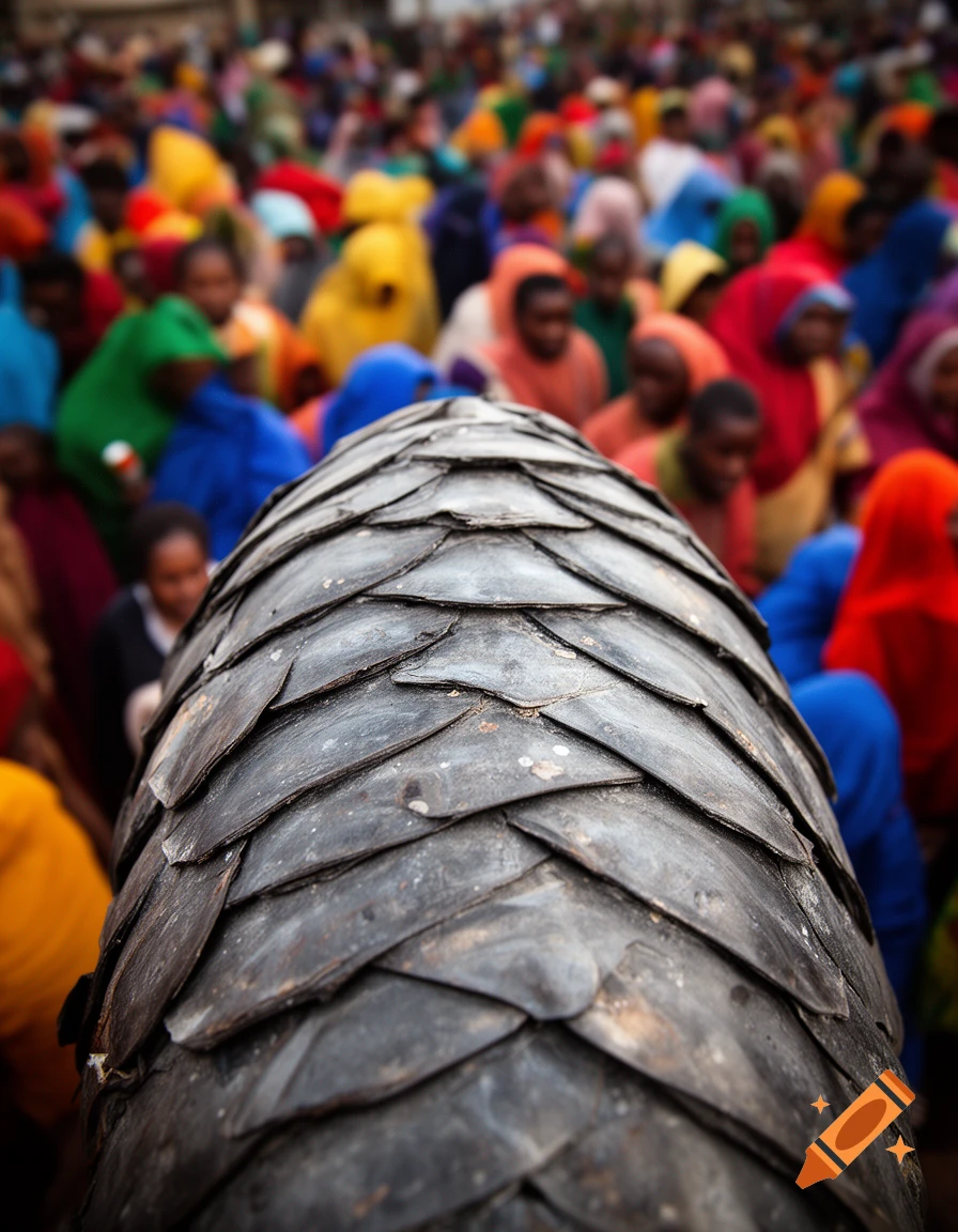 Close-up of textured dark gray scales in the foreground with a blurred multicolor crowd in the background.