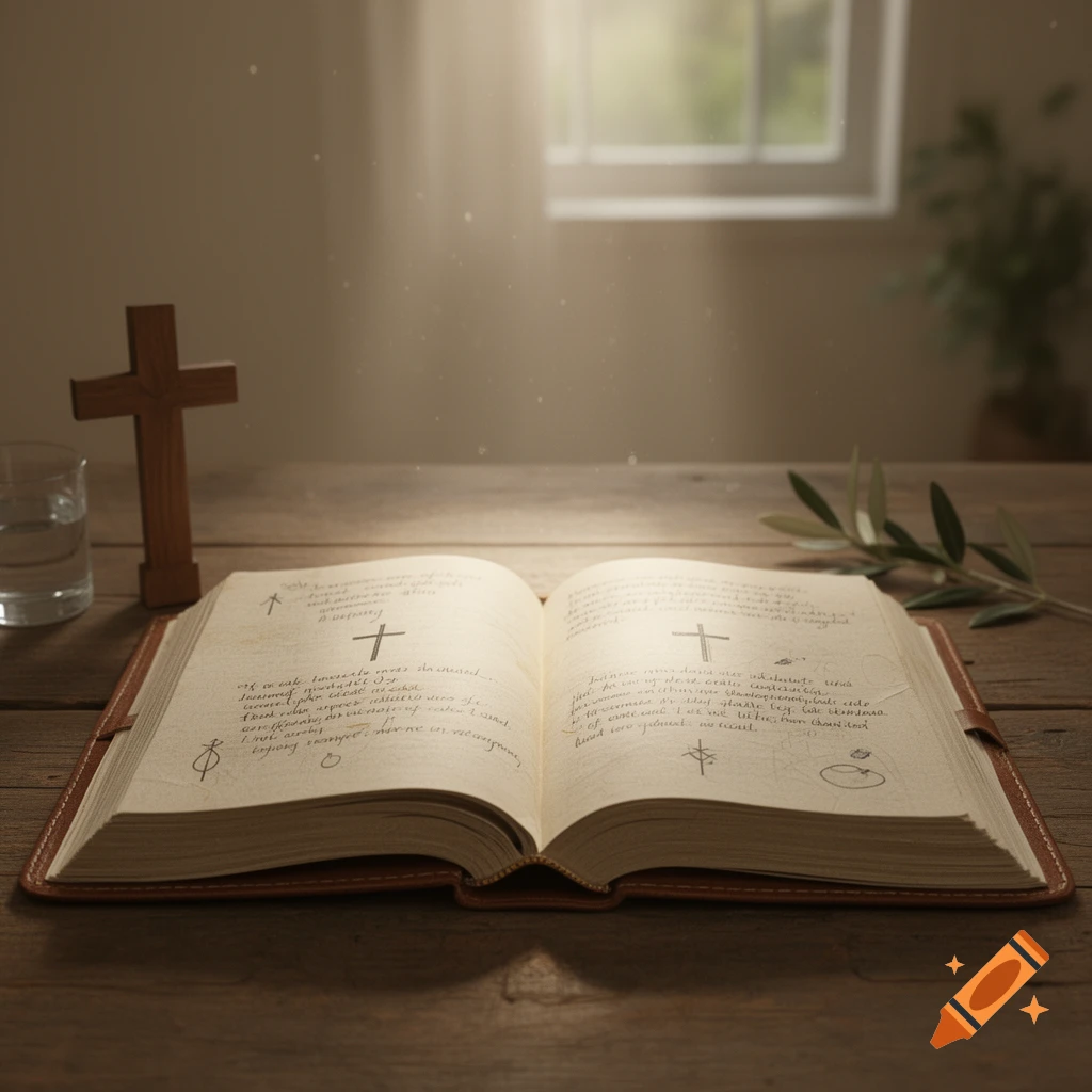 An open spiritual book with handwritten text and crosses on a wooden table, with a wooden cross and olive branch nearby in a softly lit room.
