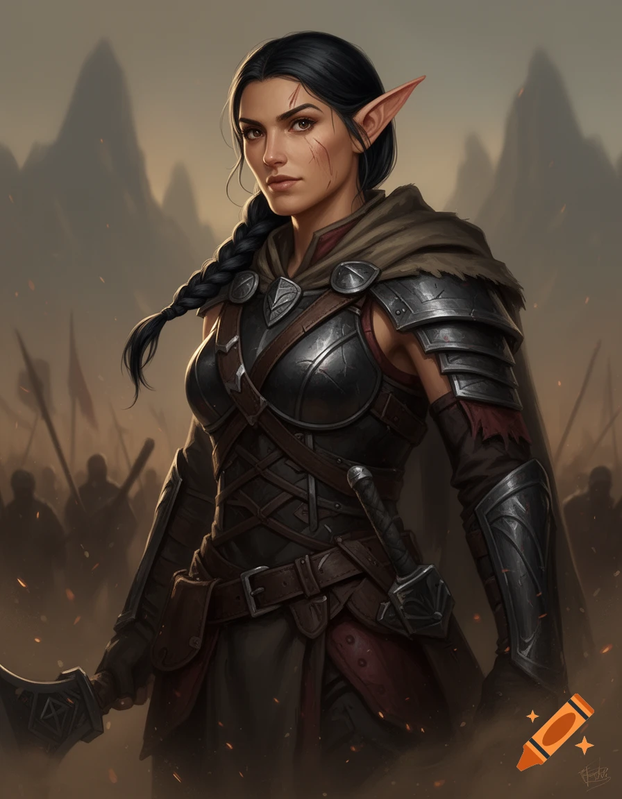 Digital painting of a female half-elf fighter with dark hair in a braid, scarred face, and wearing plate armor in a battlefield setting.