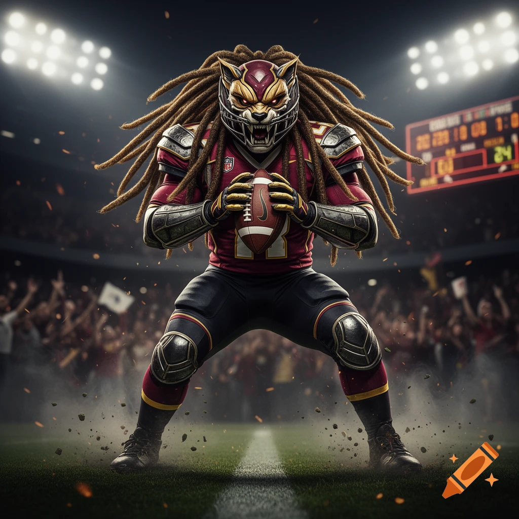 A fierce cat mascot with dreadlocks in a football uniform, crouching on a field in a crowded stadium.