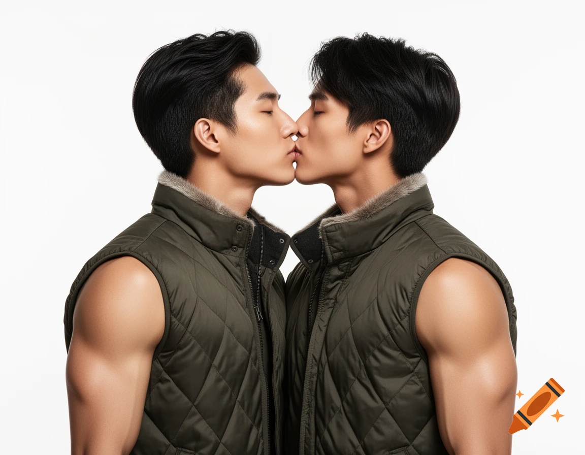 Photorealistic close-up portrait of two handsome young Asian men kissing, wearing dark green sleeveless puffer vests.