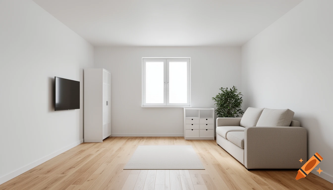 Photorealistic interior view of a modern minimalist living room with white walls, wooden floor, sofa, TV, and window.