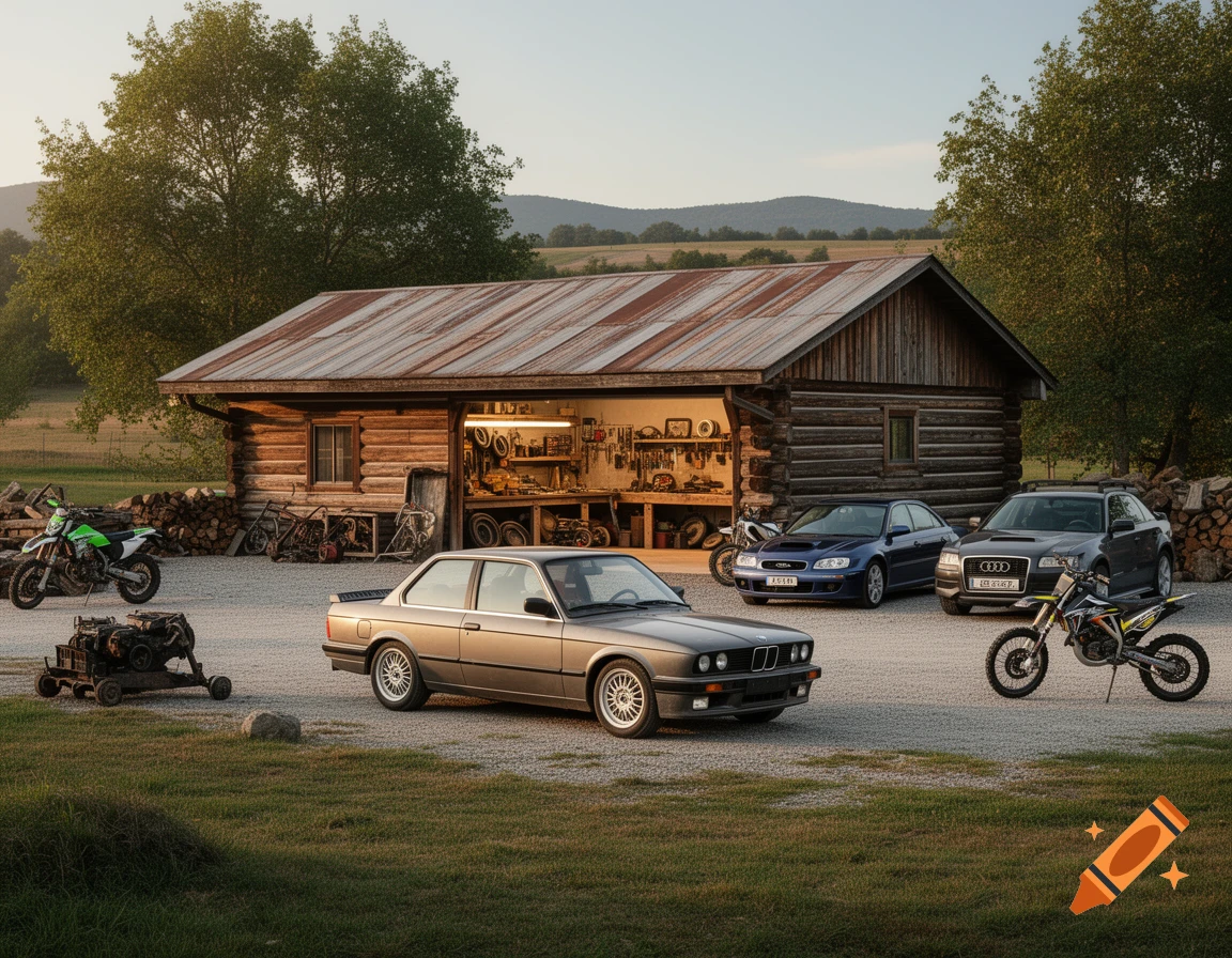 Photorealistic scene of a log cabin garage with various vintage and modern cars and motorcycles parked outside on gravel.