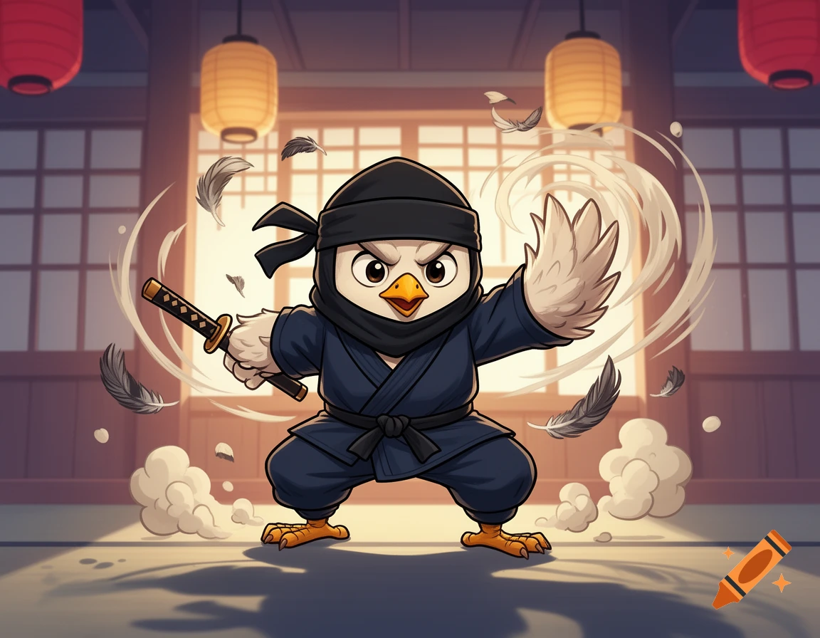 Cartoonish illustration of a chicken dressed as a ninja in a traditional dojo with flying feathers and wind effects.