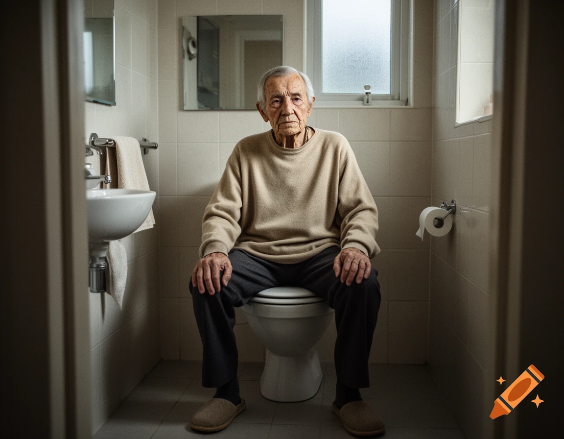 Photorealistic image of an elderly man sitting on a toilet in a small bathroom.