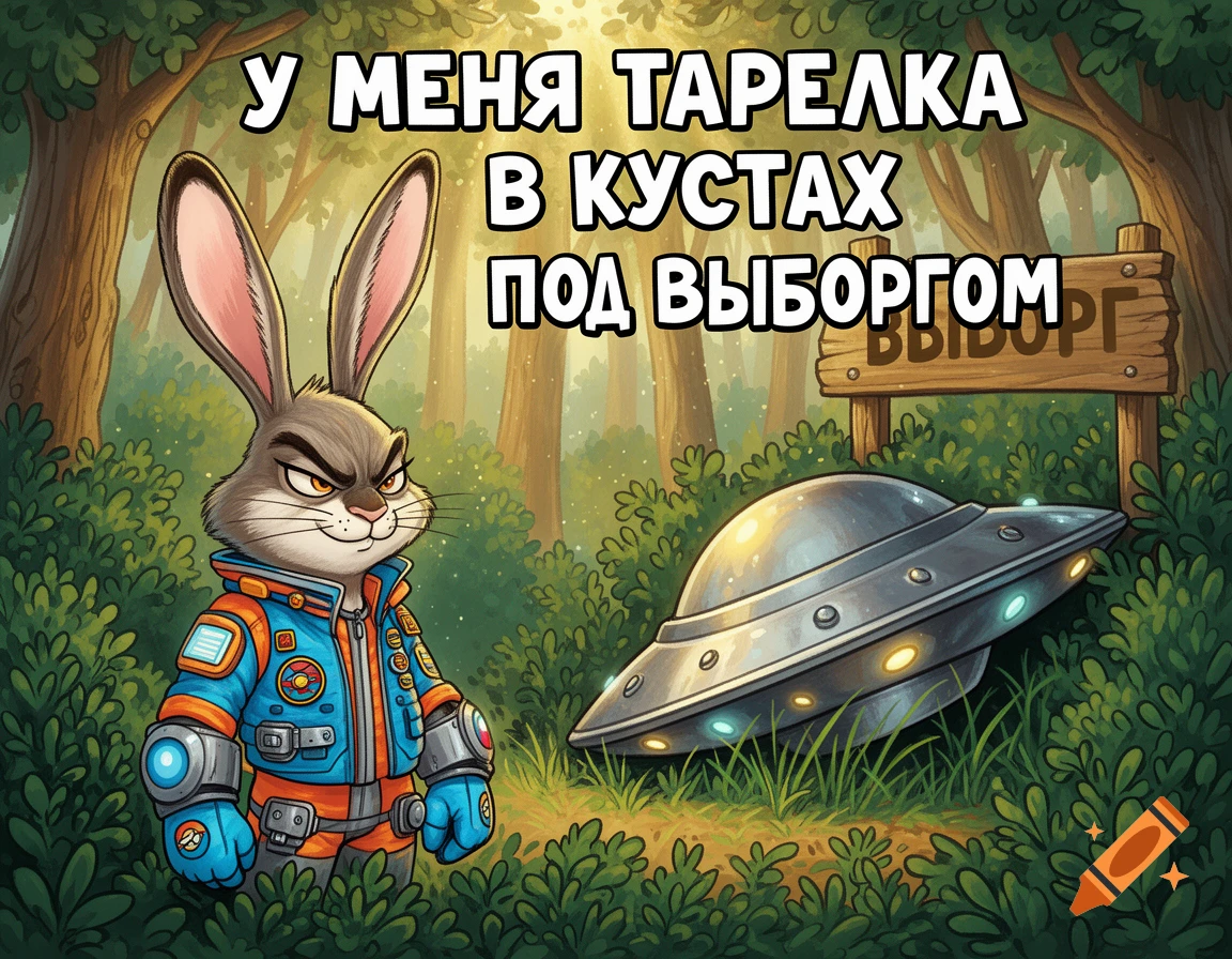 Cartoon alien rabbit in a spacesuit standing next to a crashed UFO in a forest, with Russian text above.