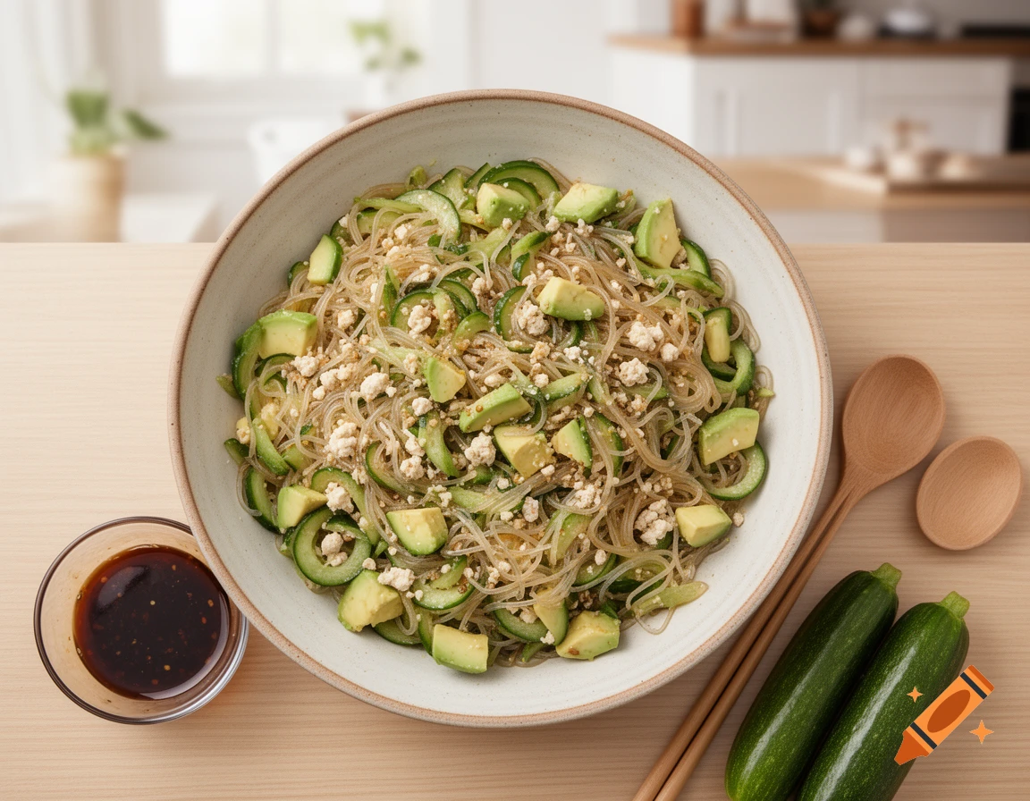 Photorealistic overhead shot of a large bowl filled with cucumber and avocado glass noodle salad on a wooden table, next to a bowl of dressing and fresh zucchinis.