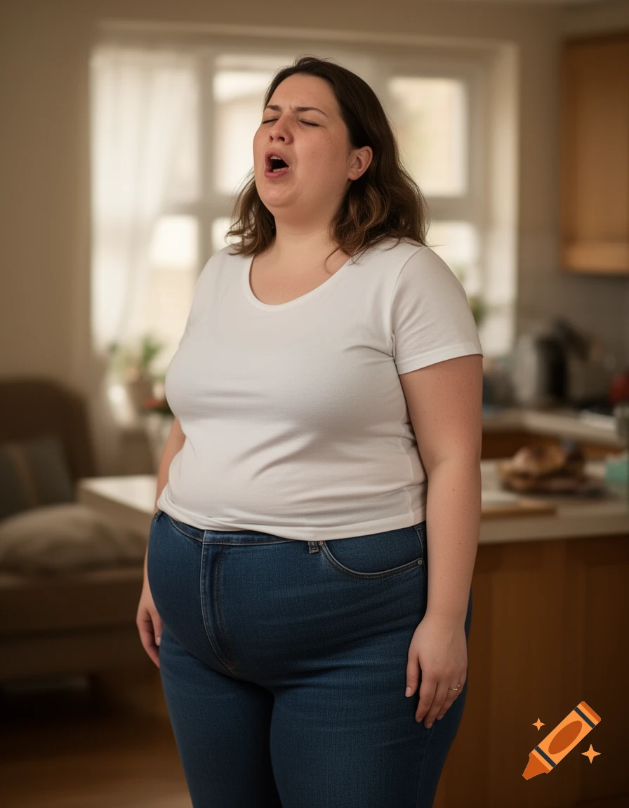 Photorealistic image of a woman with a white t-shirt and blue jeans standing in a kitchen, burping with eyes closed.