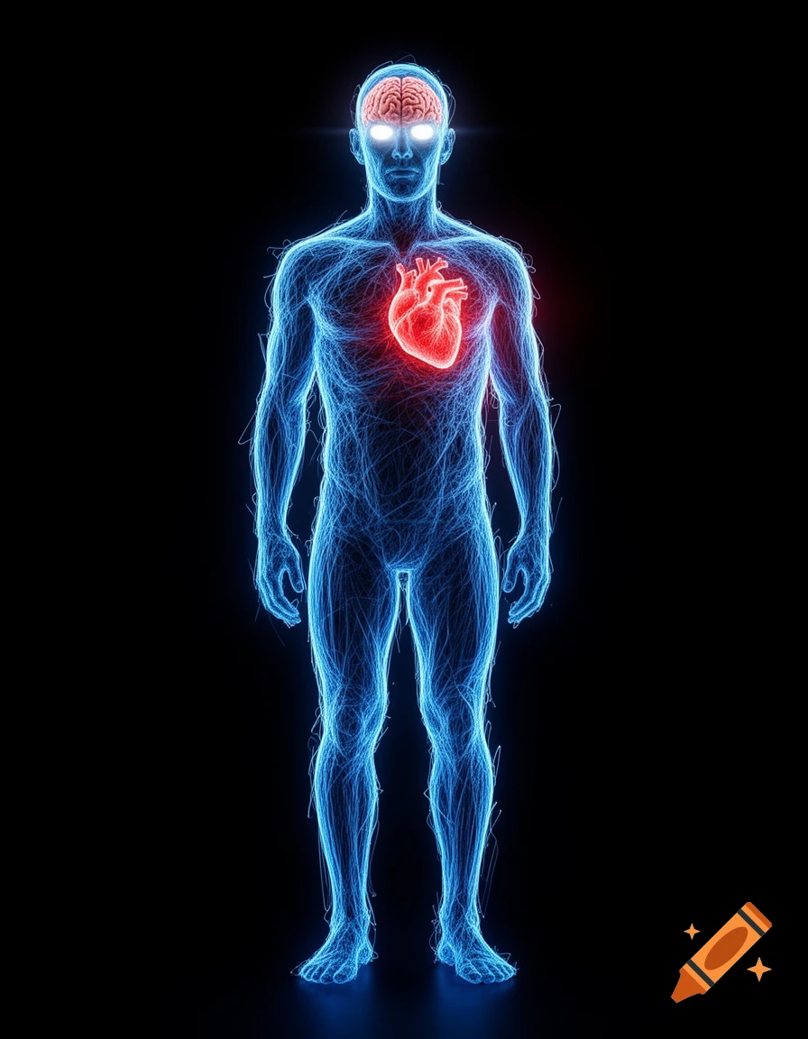 Scribble art sketch of a translucent blue humanoid figure with a glowing red brain and heart, against a black background.