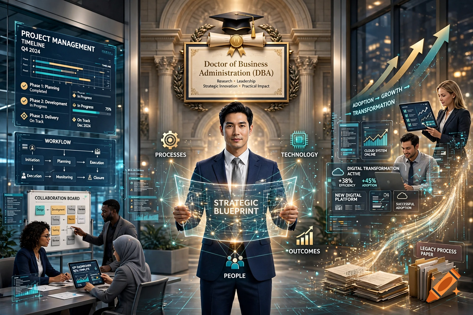 Professional businessman holding a glowing strategic blueprint hologram in a modern corporate office with data visualizations and a DBA certificate.