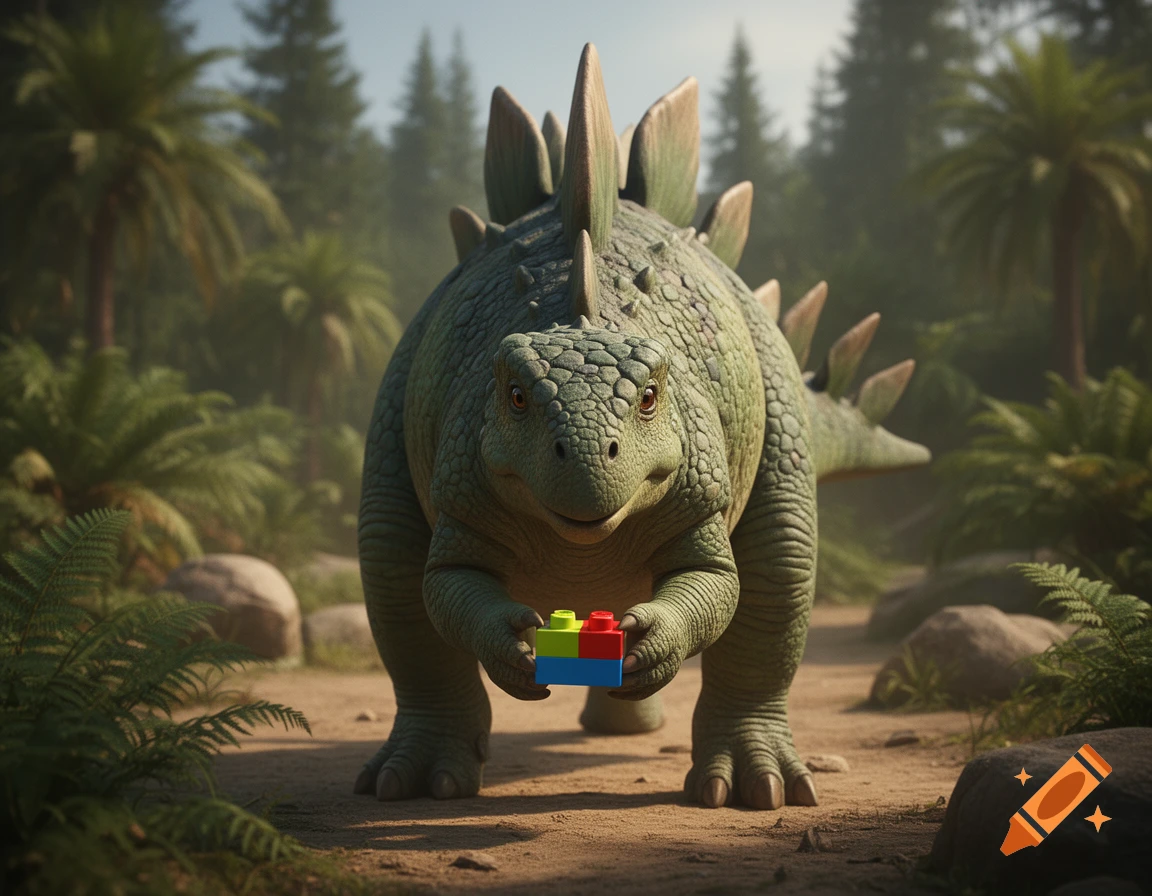 Photorealistic Stegosaurus holding a colorful plastic toy block in a prehistoric forest.