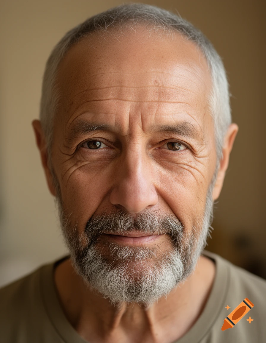 Close-up photorealistic portrait of an older man with short graying hair and a medium gray beard.