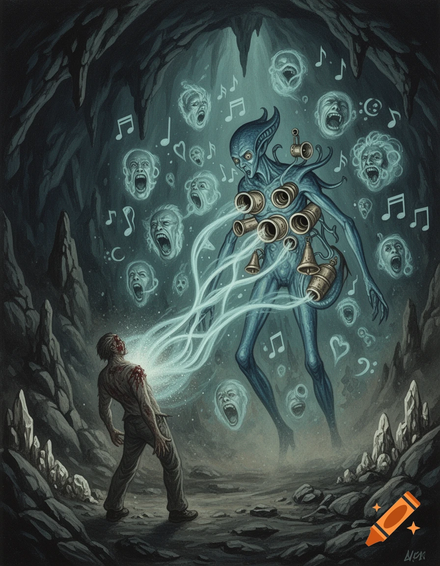 Fantasy illustration of a slender blue creature with resonating bells extracting energy from a wounded man in a cavern.