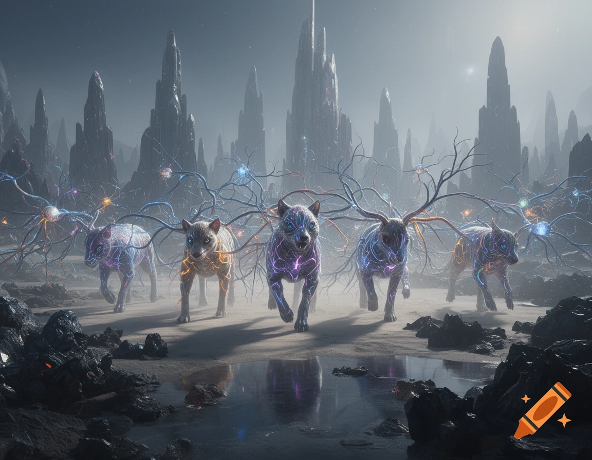 Digital art of wolf-like creatures with glowing neural-like structures and branches forming antlers in an alien landscape with stone monoliths.