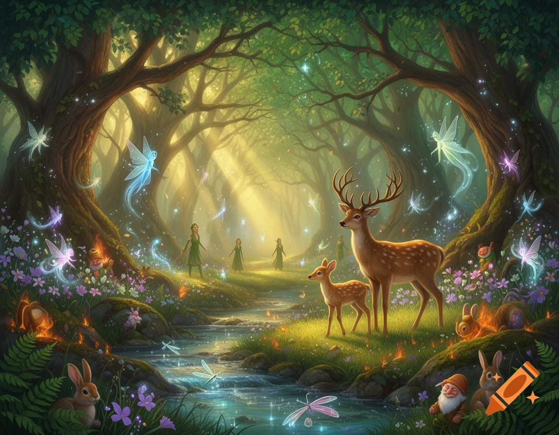 Digital illustration of an enchanted forest with glowing fairies, elves, a deer, rabbits, and gnomes near a stream.