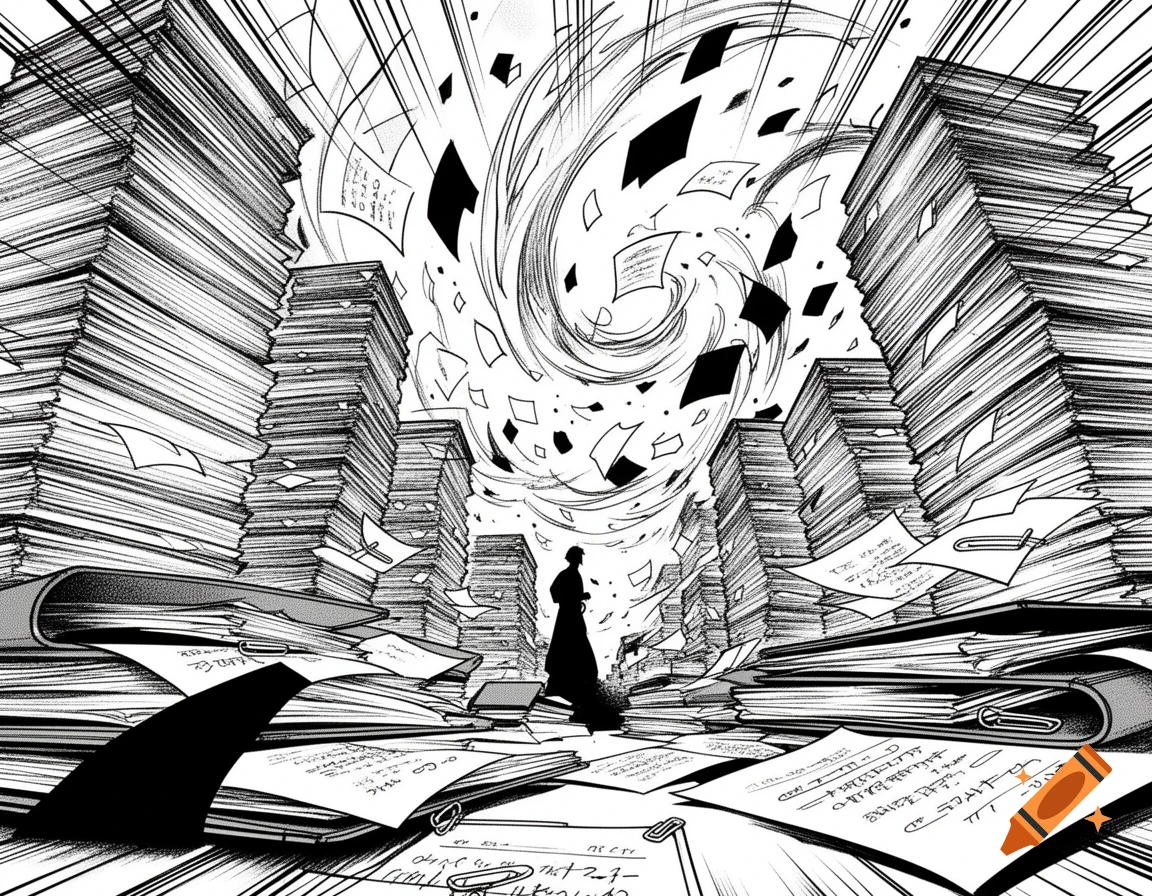Black and white manga style illustration of a person standing amidst towering stacks of paper and a swirling vortex of documents.