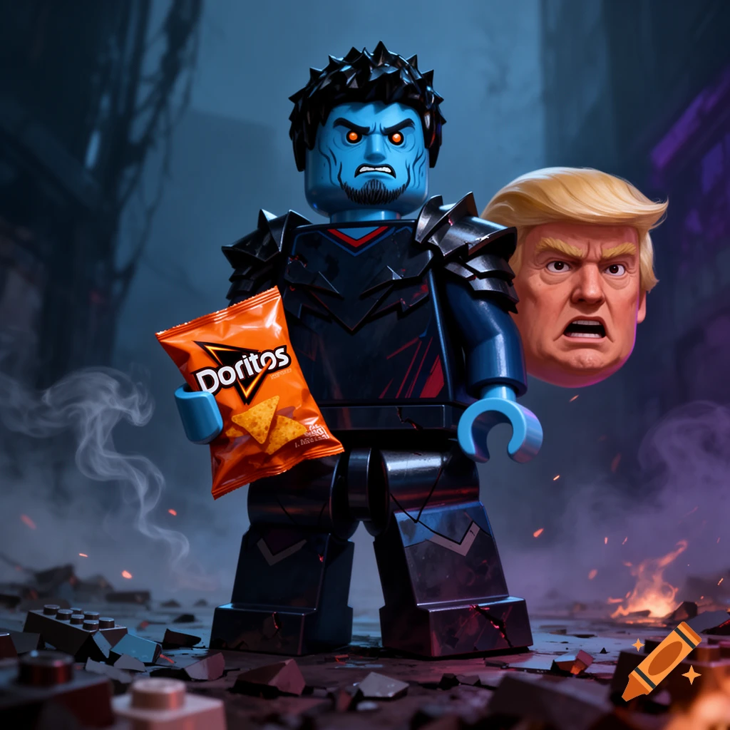 Scary blue Lego figure holding a bag of Doritos, with Donald Trump's detached head floating nearby in a ruined setting.