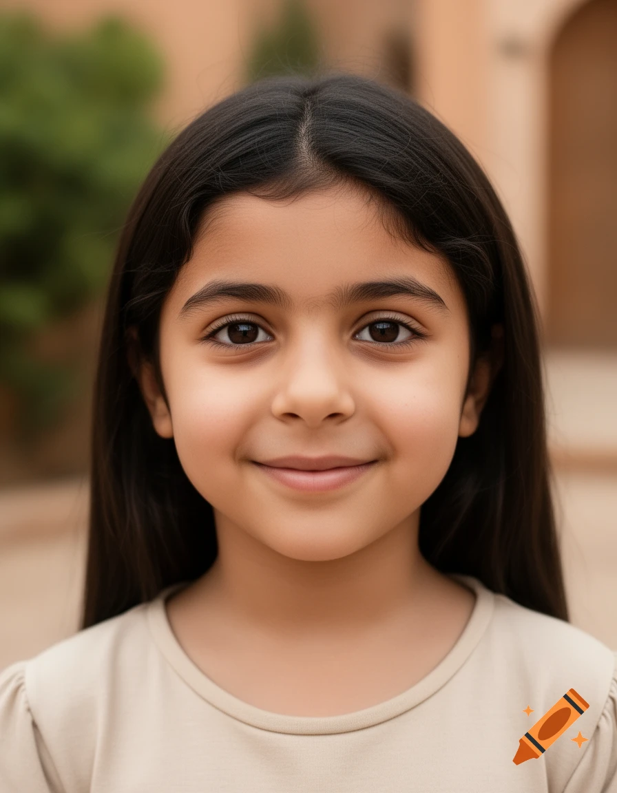 Close-up photorealistic portrait of a young girl with dark hair and brown eyes looking directly at the camera.