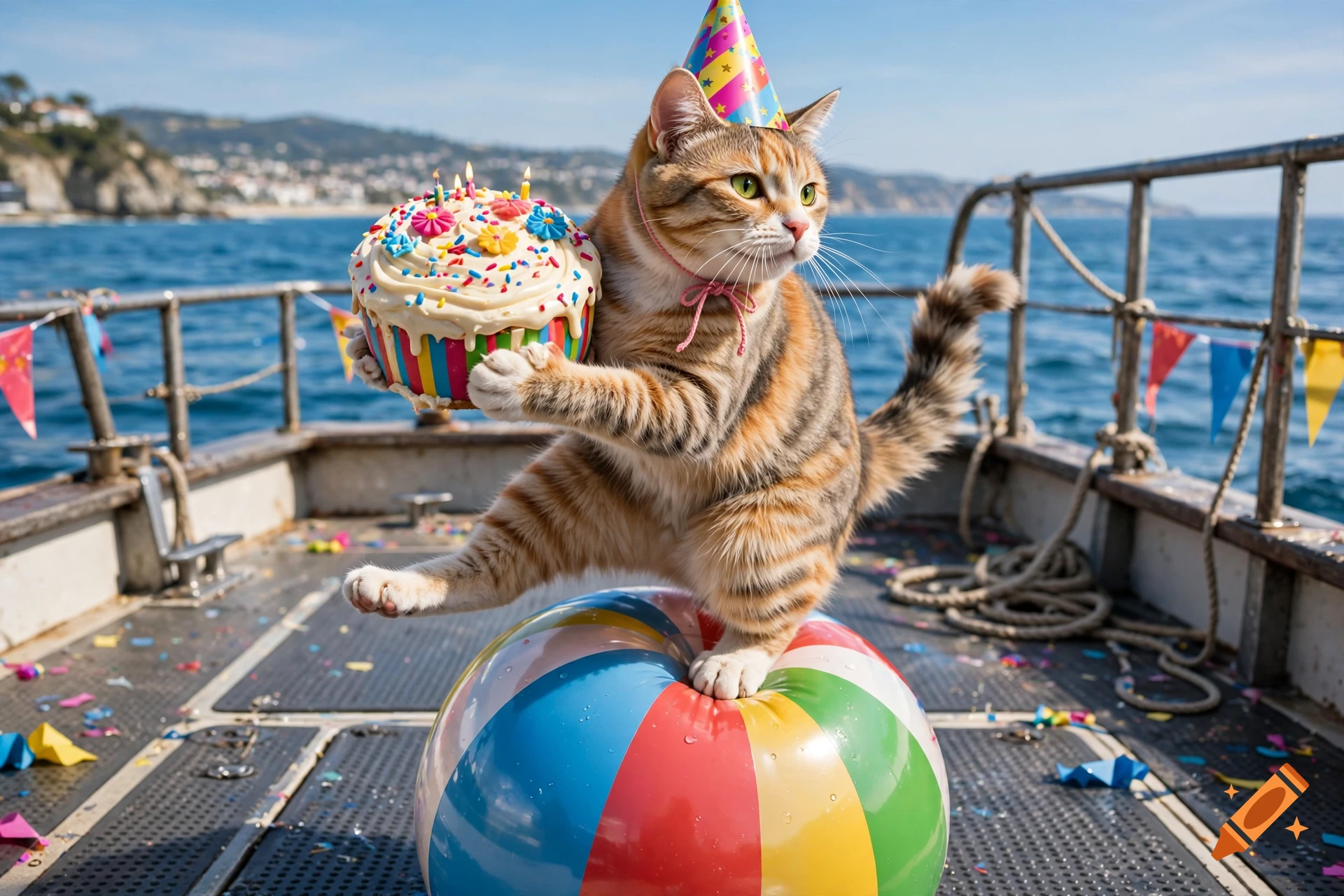 Photorealistic tabby cat wearing a party hat, balancing on a colorful beach ball on a boat deck and holding a decorated cake.