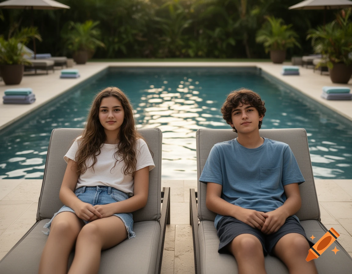 Photorealistic image of a teen female and teen male sitting next to each other on lounge chairs by a swimming pool.
