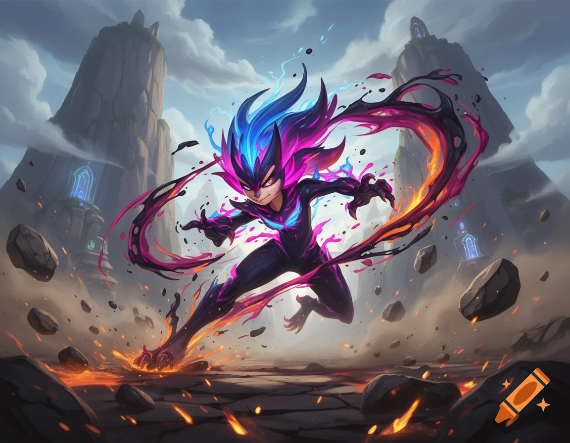 Digital illustration of a dynamic creature with blue and pink hair and glowing energy in an epic action pose amidst rocky terrain.