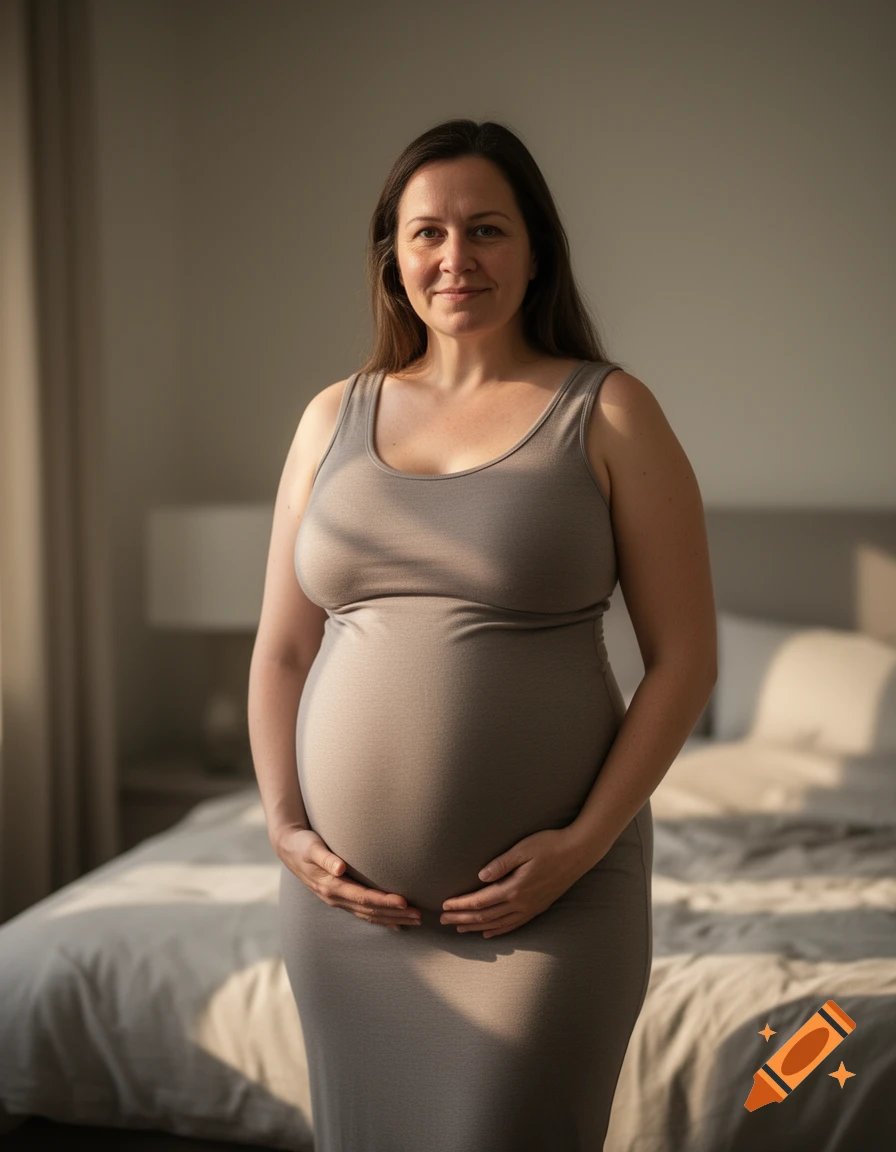 Photorealistic portrait of a pregnant woman standing in a bedroom, holding her belly.