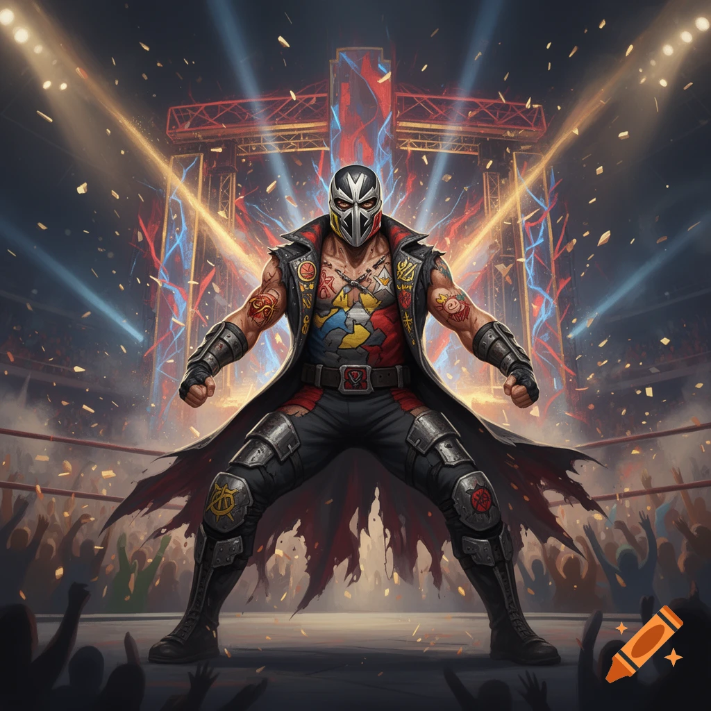 A badass wrestler wearing a skull mask, leather jacket, and armor stands triumphantly in a lit arena.