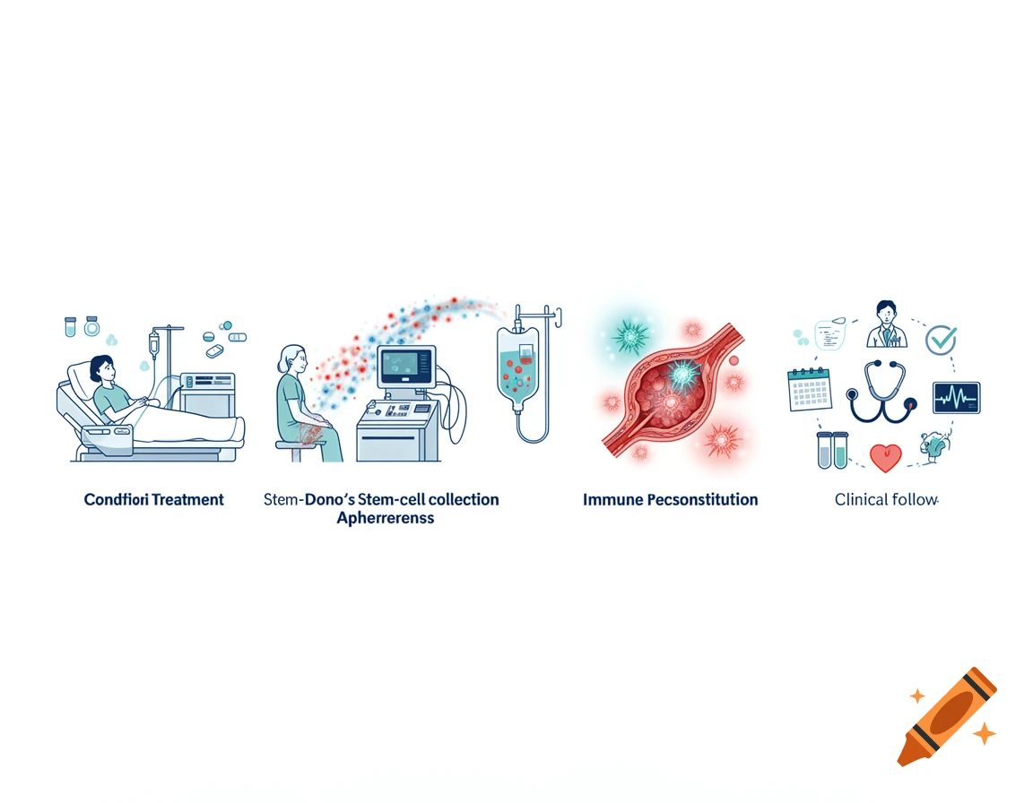Medical illustration depicting stem cell transplant stages with explanatory labels.